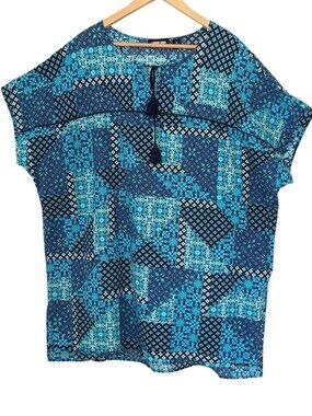 Lands' End 100% Cotton Voile Blue Patchwork Tassel Tie Peasant Tunic Boho Sz 1X